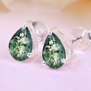 Moss Agate Earring Studs, Green Pear Cut Agate Earrings, Birthday Gift, Art Deco Earring, Women&#39;s Stud, Personalized Gift,Moss agate Jewelry