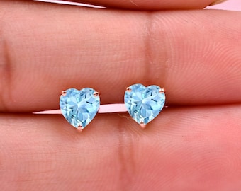 Aquamarine Heart Studs, Bridal Earring, Unique Aqua Earring, Anniversary Gifts, Minimalistic Studs, Aquamarine Jewelry, Gift For Special One
