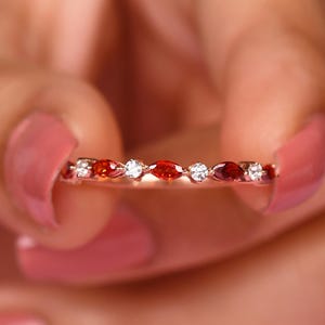 14k Garnet Marquise Band, Wedding Promise Band Ring, Gift For Love, Stackable Band, Garnet Half Eternity Band, Anniversary Birthday Gifts,