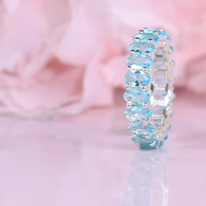 Blue Topaz Wedding Engagement Band, Full Eternity Oval Band, Unique White Gold proposal Band Ring, Blue Topaz Jewelry, Bridesmaid Gift