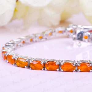 Mexican Fire Opal Tennis Bracelet, Anniversary Gift, Opal Jewelry, Women&#39;s Chain Bracelet, Bridal Bracelet, Wedding Jewelry, Gift For Love