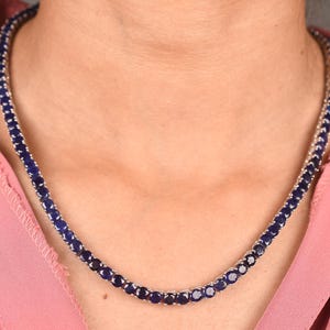 Natural Sapphire Necklace, Blue Sapphire Tennis Necklace, Sapphire Chain Necklace, Anniversary Gift For Her, Round Cut Sapphire Necklace