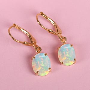 Oval Opal Wedding Earrings, Leverback Earring, Anniversary Gift For Love, Drop and dangle Earrings, Opal Birthstone Jewelry, Women&#39;s Earring