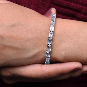 Aquamarine Octagon Wedding Tennis Bracelet, Anniversary Gift For Her, Aquamarine Birthstone Jewelry, Gift For Love, 925 Sterling Silver