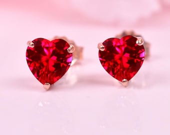 Ruby Heart Stud Earrings, Heart Earrings, Ruby Earrings, Minimalist Earrings, Dainty Stud Earrings, Vintage Ruby Studs,  Bridal Earring