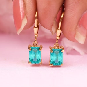 Paraiba Tourmaline Leverback Earrings, Octagon Shaped Everyday Earrings, Women&#39;s Earrings, Neon Blue Paraiba Tourmaline, Anniversary Gifts