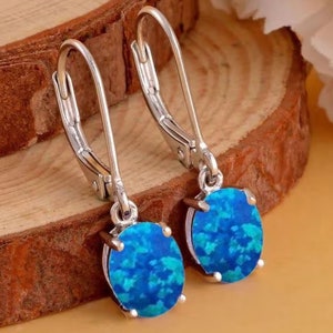 Blue Opal Leverback Earrings,  Blue Opal Earring,  Bridal Gift For Her, Dangle Earrings, Anniversary Gift For Her, Everyday Earrings, Gifts