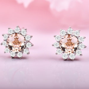Brilliant Round Cut Morganite Halo Stud Earring, Birthday Gifts, Morganite Jewelry, Stud For Women, Mom, Wife, Morganite Bridal Earrings
