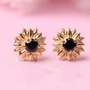 Black Onyx Earrings, Yellow Gold Earrings, Black Diamond Earring, Flower Stud Onyx Earring, Anniversary Gift For Her, Gift ForLove,Onyx Stud