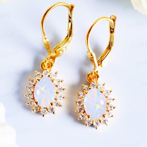 14K Gold Opal Leverback Earrings: Oval Halo, Bridal Gift