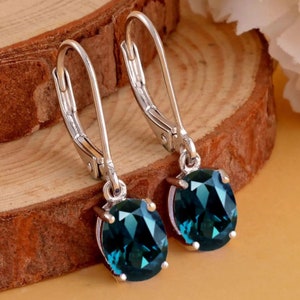 14K Gold London Blue Topaz Earring, London Blue Topaz Jewelry, Leverback Earring, Oval Shaped Earring, Blue Topaz Jewelry, Gift For Her