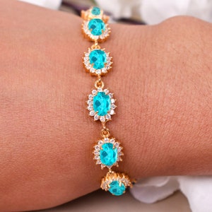 Paraiba Tourmaline Bracelet, Oval Shaped Halo Tennis Bracelet, Anniversary Gift, Birthday Gift For Her, Paraiba Tourmaline Bracelet For Her