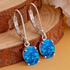 14K Gold Blue Opal Leverback Earrings: Dangle Opal Jewelry