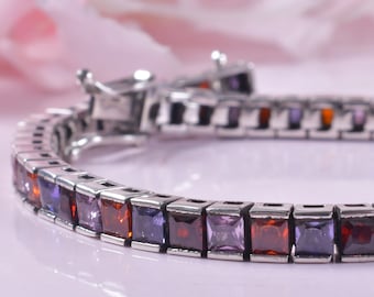 Pulsera de tenis cuadrada con múltiples piedras preciosas: joyería de plata de ley con piedras de nacimiento