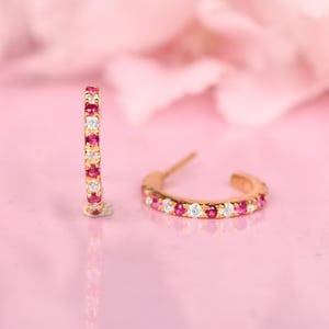 Ruby With Diamond Hoop Earrings, July Birthstone Jewelry, Huggies Earrings,Round 1.8MM Gift For Her, Ruby Jewelry, Anniversary Birthday Gift
