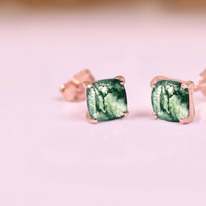 Cushion Cut Moss Agate Earrings, Everyday Stud For Women, Perfect Gift For Her, Yellow Gold Stud, Moss Agate Wedding Studs, Anniversary Gift