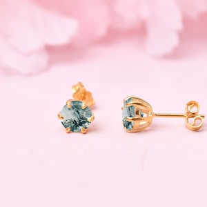 14K Moosachat Runde Ohrring, schöne grüne Stein Ohrring, Zierliche Ohrstecker, Moosachat Schmuck, Rose Gelb Gold Achat Ohrring, Geschenke