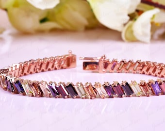 Pulsera de tenis con piedras preciosas arcoíris: pulsera de plata de ley con corte baguette