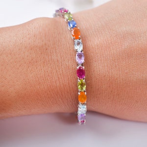Oval Multi Gemstone Bracelet: Sterling Silver Rainbow Tennis Bracelet