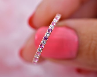 Pink Sapphire Moissanite Half Eternity Sterling Silver Ring