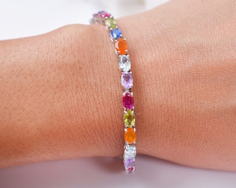 Pulsera ovalada con múltiples piedras preciosas: pulsera de tenis arcoíris de plata de ley