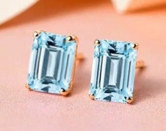 Natural Aquamarine Stud Earrings, Bridesmaid Gifts, Genuine Aquamarine Jewelry, Blue Gemstone Studs, Gifts For Her, Aquamarine Studs