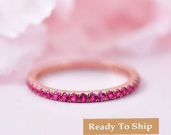 14K Rose Gold Pink Sapphire Eternity Band: Dainty Wedding Ring