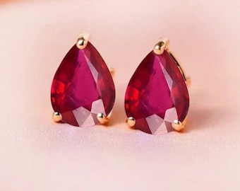 14k Gold Pear Ruby Stud Earrings: Bridal Birthstone Jewelry