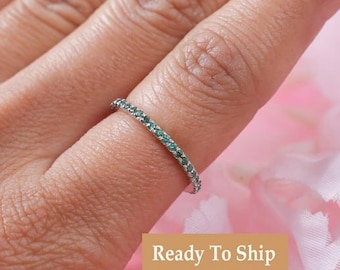 Green Teal Sapphire Half Eternity Band: Sterling Silver Ring