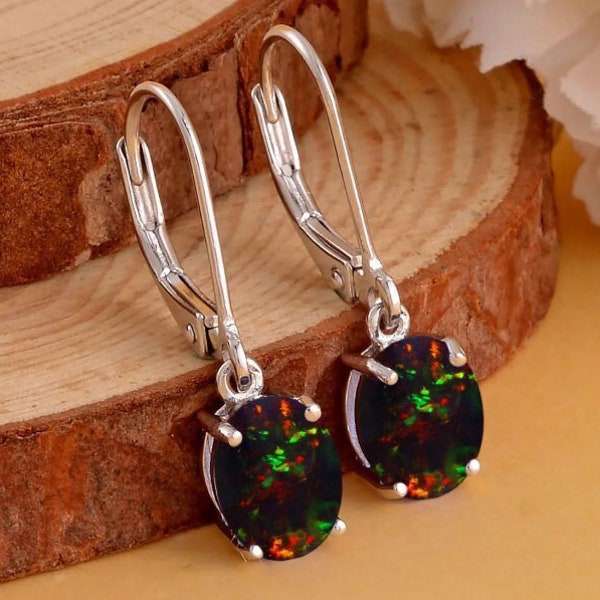 Black Opal Leverback Earrings, Black Opal Jewelry, Anniversary Gift, Minimalistic Earrings, Gift For her, Dangle Earring, Genuine Black Opal