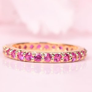 14k Ruby Rose Gold Engagement Band Ring, Round Ruby Band, Anniversary Gift For Women, Full Eternity Band, Wedding Band Ring, Vintage Band