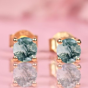 14k Moss Agate Round Earrings, Wedding Stud Earrings For Women, Anniversary Birthday Gift For Love, Yellow Rose Earrings, Minimalistic Stud,