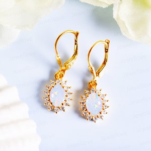 14K Gold Opal Halo Leverback Earrings: Oval 7x5mm, October Birthstone | Classic Bridal Gift for Her image 4
