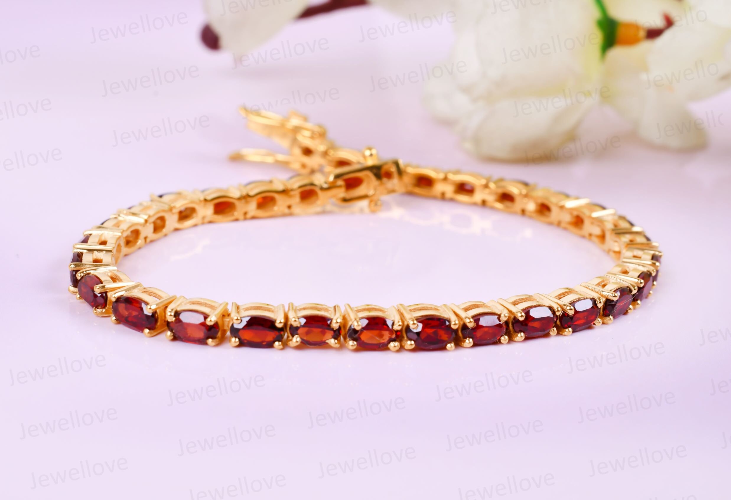 Oval Garnet Tennis Bracelet: 925 Sterling Silver Chain| Valentines