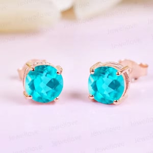 Paraiba Tourmaline Stud Earrings – Neon Blue Round Solitaire Earring, Perfect Bridesmaid Gift