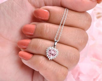 Heart Shaped Morganite Necklace with Halo – Anniversary & Bridal Birthstone Gift