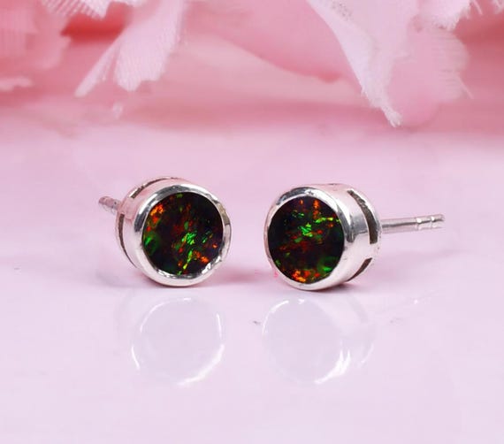 Orecchini A Bottone In Argento 925 Con Opale Nero - Fatto A Mano - 8x6 Mm - Gioielli Donna Tibetan Silver