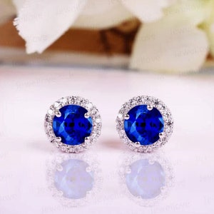 Blue Sapphire Halo Earrings, Anniversary Gifts, Women&#39;s Stud Earrings, Gift For Wife, Blue Sapphire Studs, Blue Sapphire Earring