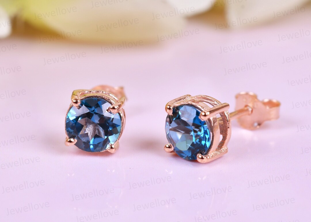 V3 Jewelry 18K Gold Over 925 Sterling Silver Round Cut 2.0CT Natural London Blue Topaz Stud Earrings