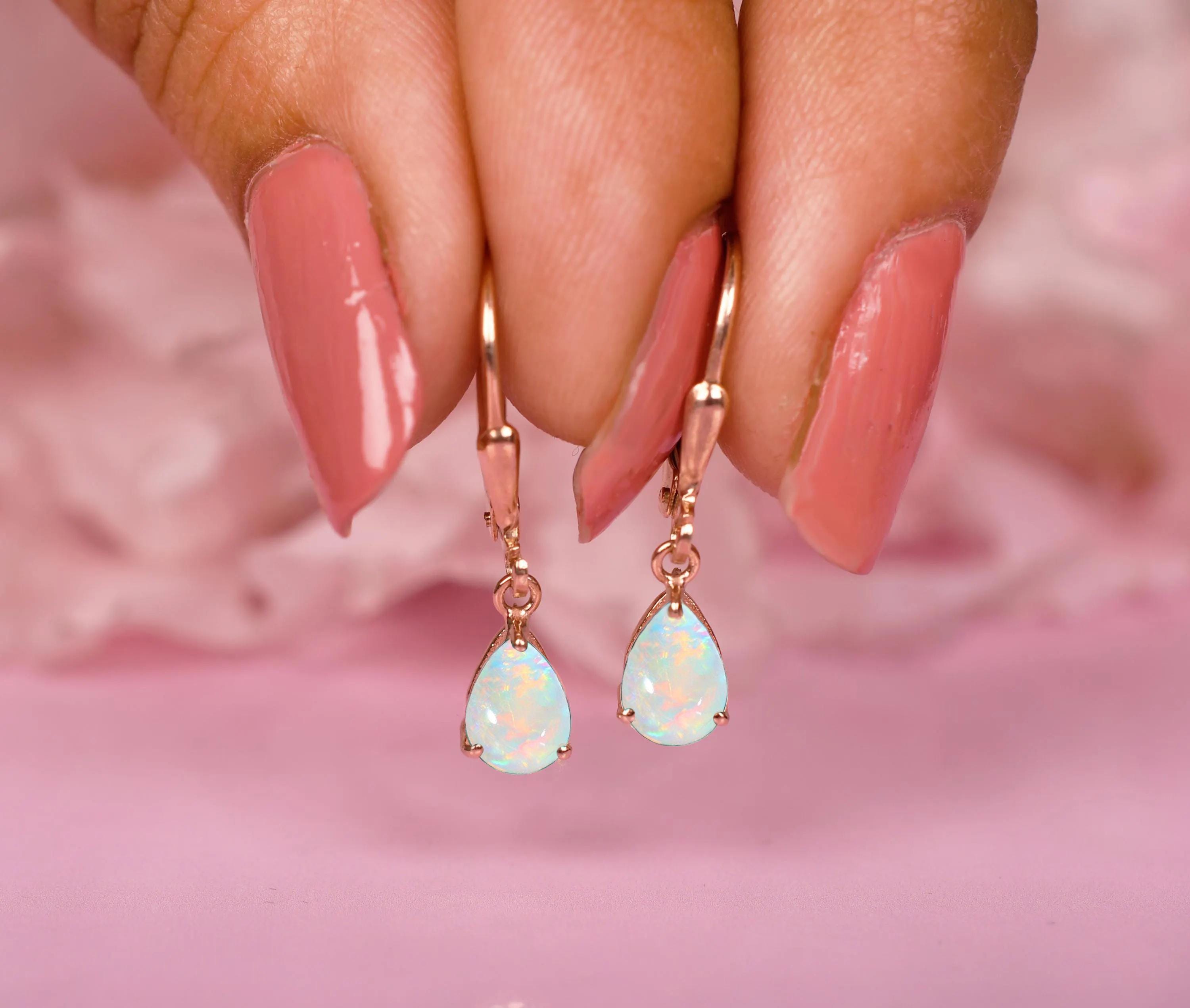 Opal Pear 7x5MM Drop Earrings 14k Gold Wedding Jewelry October Birthstone Gift for Her