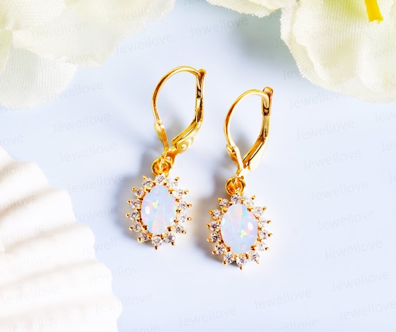14K Gold Opal Leverback Earrings: Oval Halo, Bridal Gift