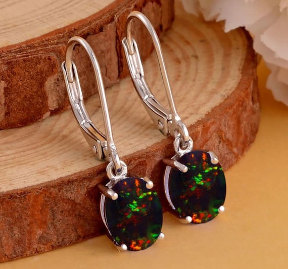 Black Opal Leverback Earrings: Sterling Silver Dangle, Genuine Gemstone