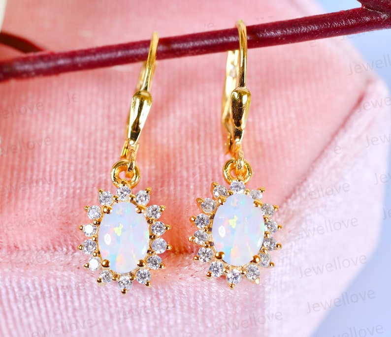 14K Gold Opal Halo Leverback Earrings: Oval 7x5mm, October Birthstone | Classic Bridal Gift for Her image 2