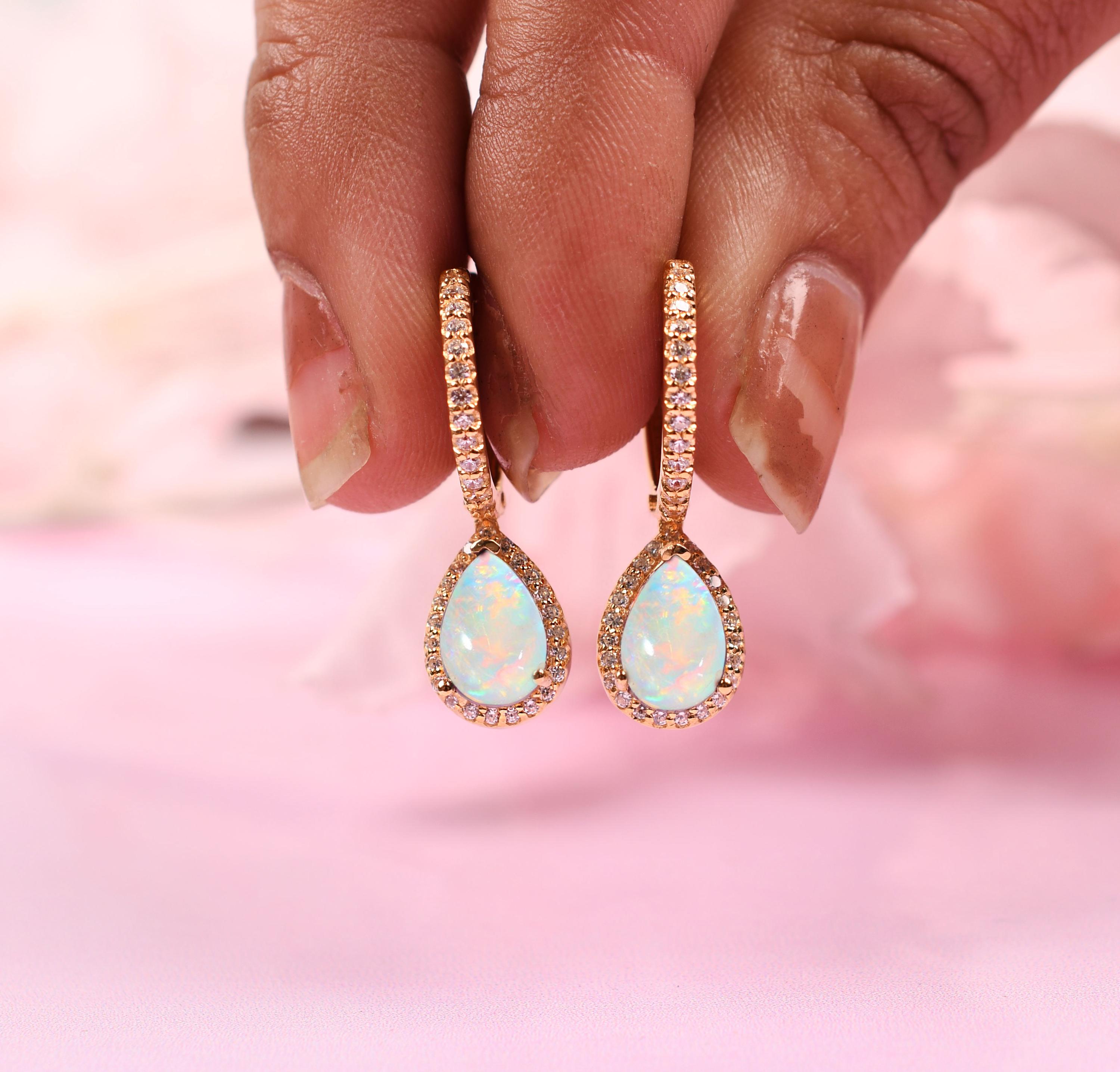 14k Gold Opal Leverback Earrings: Pear Halo Dangle Earrings  display picture 1