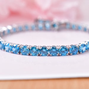 Swiss Blue Topaz Tennis Bracelet, Wedding Engagement Anniversary Gift For her, Round Shaped Blue Topaz line Bracelet Gift, Birthday Gifts