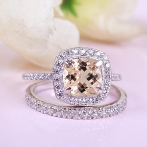 Morganite Engagement Bridal Ring Set, Ring For Women, Anniversary Birthday Gift, Cushion Cut Halo Ring Set, Rose Gold Ring, Morganite Ring