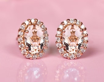 Oval Morganite Stud Earrings: Sterling Silver Halo, Peach Morganite Gemstone