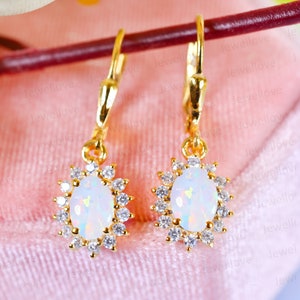 14K Gold Opal Halo Leverback Earrings: Oval 7x5mm, October Birthstone | Classic Bridal Gift for Her image 3