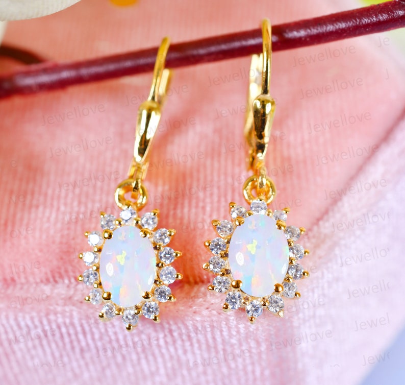 14K Gold Opal Halo Leverback Earrings: Oval 7x5mm, October Birthstone | Classic Bridal Gift for Her image 3