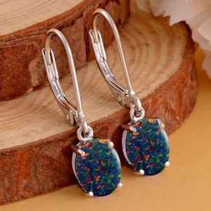 14K Gold Black Opal Leverback Earrings, Black Opal Jewelry, Anniversary Gift, Minimalistic Earrings, Gift For her, Dangle Earring,Black Opal